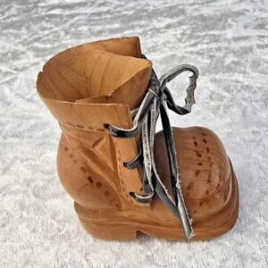 Vintage Hand Carved Wood Boot Shoe‎ Pencil Holder Rustic Decor Leather Laces 3